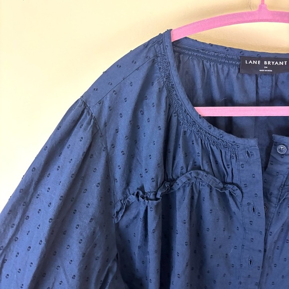 Lane Bryant Dark Blue 100% Cotton Long-Sleeve Flounce Button-Down Top (24) - Picture 5 of 12